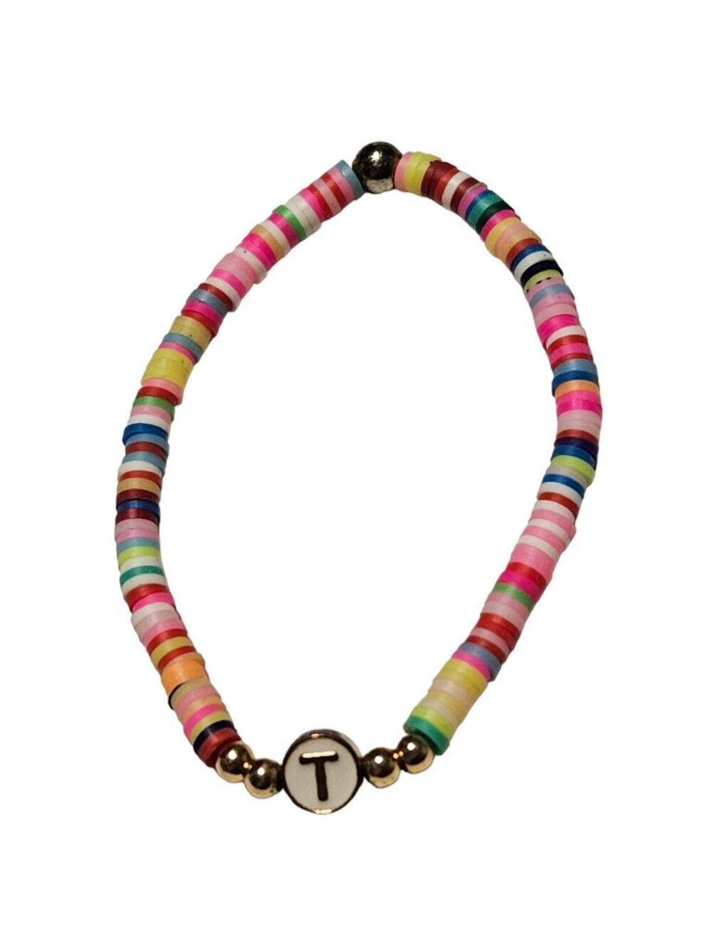 Boho Rainbow Disc Bead Bracelet Initial T Charm Stretch Fashion Jewelry Women